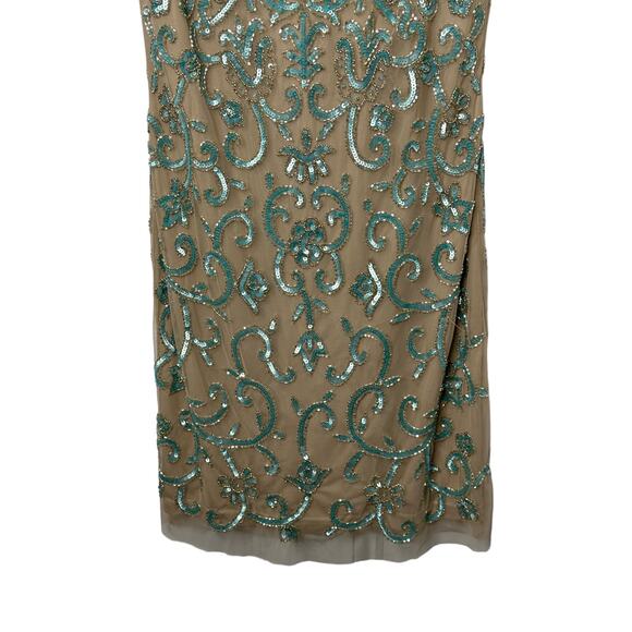Aidan Matton Sheer Illusion Teal Sequin Gold Beaded Sleeveless Dress Womens Sz 2 - Picture 9 of 13